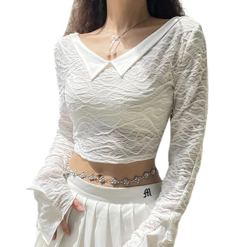 Femei T-shirt-uri de Moda Maneca Lunga V Gât Vedea prin Mozaic Doamnelor Culturilor Topuri Y2K Fete Casual Teuri Streetwear