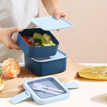 Japanese-style Double Straturi Cutie de Prânz Portabil Lucrător de Birou cuptor cu Microunde Cutie Bento Picnic Salata de Alimentare Recipient cu Lingura Furculita