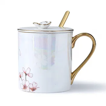 14.5 oz Cherry Blossom de Portelan Cana de Cafea Pearl Ceramic Glazura de Lapte Cana cu Capace Lingura Ins Stil de Cadouri pentru Prieteni