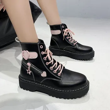 Lolita Japoneze Kawaii Roz Negru Cizme Martin de Dragoste Scurte Pantofi 2021 Noua Platforma Sălbatice cu toc Gros Pantofi Pene de Cauciuc