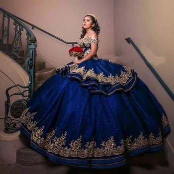 abendkleid Bleumarin Quinceanera Rochie de Aur Aplici 2022 vestidos de quinceañeras Rochie de Bal vestido bordado mexicano