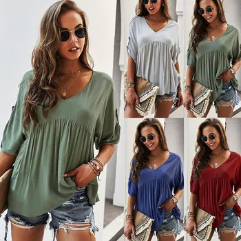 Casual de vara V-neck Culoare Solidă Femei de Moda T-shirt Bumbac Vrac Top Ins Stil de zi cu Zi -40