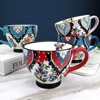 Europene Bohemia mic Dejun Ceașcă de Mână-pictat Ceramică Lapte fulgi de Ovăz Cana cu Farfurie Farfurie Microunde Relief Cana de Cafea 450ml