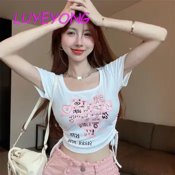 Coreea Moda Haine Y2k Fata de Înfășurare a Cutat O de Gât Slab Scurte T-shirt de sex Feminin Dulce Eticheta de Decupare de Imprimare T Tricoul 2022 Vara