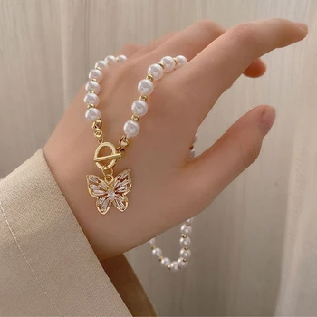 Moda Fluture Colier de Perle pentru Femei Strălucire Încrustat Zircon Pandantiv Charm Clavicula Lanț Trend Fata Cravată Petrecere de Bijuterii Cadou