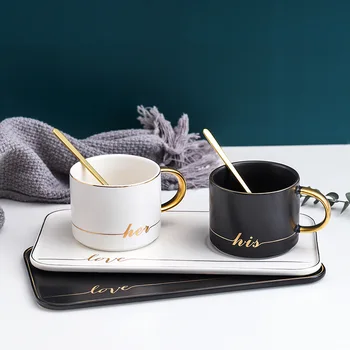 Stil Nordic aur ceramice ceașcă de cafea cu o lingura de moda simplă ceașcă și farfurie de vest mâncare restaurant acasă lapte marca cupa