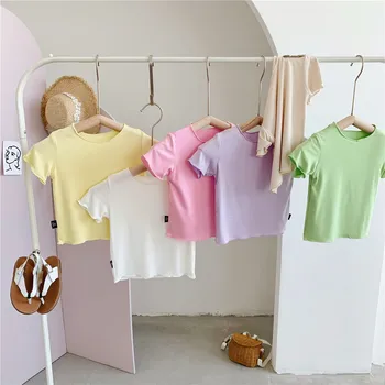 Versiunea coreeană Fete T-Shirt 2022 Vara Noi O-Gat Maneci Scurte Ciuperca Marginea Topuri Drăguț All-Meci Culoare Solidă Copii T Shirt