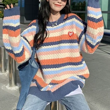 Toamna Iarna Cu Dungi Pulover Tricotate Femei Casual Mozaic Supradimensionate Pulover Pulover Feminin Coreeană Stil Pulover Cald 2021