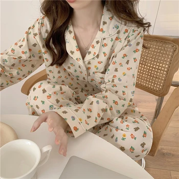 Coreea Drăguț Desen Animat De Imprimare Toamna Set De Pijama Femei, De Bumbac, Pijamale Singur Pieptul Tricouri + Pantaloni Set De Două Piese Homewear