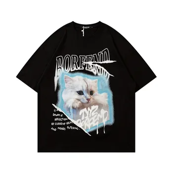 2022 Barbati Tricou Hip Hop Streetwear Pisica Scrisoarea Imprimate Tricou Harajuku Retro Din Bumbac Tricou Casual De Vara Cu Maneci Scurte Topuri Tricouri