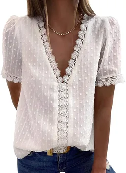 Femei Vrac Jacquard T-shirt, Adulți Casual Culoare Solidă Short Sleeve V-neck Lace Shirt