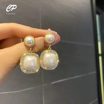 Coreea Moda Cristal Pătrat Rotund Perla Picătură Cercei pentru Femeile la Modă, Elegante, Feminine Pearl Legăna Cercei Bijuterii de Nunta