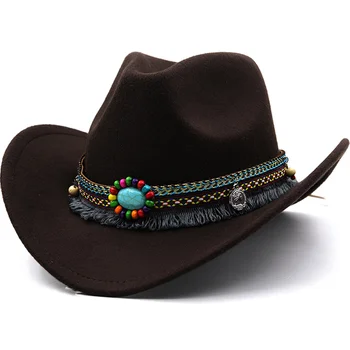 Lână Femei Bărbați Vest Pălărie de Cowboy Pentru Domn Doamna Jazz Cowgirl Cu Piele Cloche Biserica Sombrero Capace