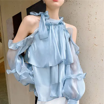 2022 Vara Culoare Solidă Temperament Scurgeri De Umăr Bluza Sweet Fairy Design Șifon Cămașă Umăr Rece Topuri Femeile