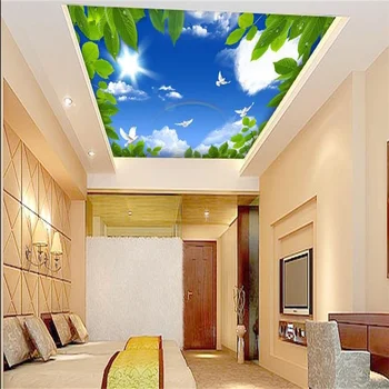 2022 3d Personalizat Tavan picturi Murale Fundal Albastru nori frunze verzi Tapet 3d Pentru Camera de zi Stereoscopic picturi Murale