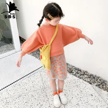 2019 Design Nou Copil Fata De Toamna Pulover Tricotat Rochie De Culoare Portocalie Fată De Moda De Două Bucata Costum Fete Pulovere