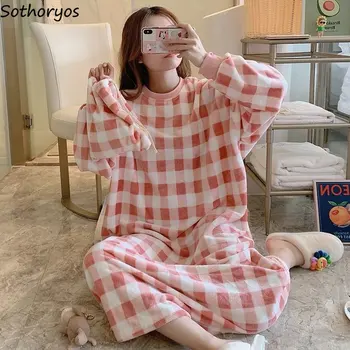 Cămăși De Noapte Pentru Femei Scolarita Îmbrăcăminte De Noapte De Agrement Moale La Modă De Sex Feminin Dulce Stil Coreean Carouri Pijamale De Bază Confortabilă Vânzare Fierbinte Harajuku