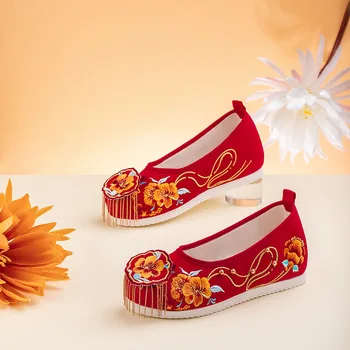 Femei Ciucure Perle Brodate Rosii Pantofi de Nunta Stil Chinezesc Antic Tang Retro Elegant Pantofi de Pânză Vechi Beijing Dantela-up Cizme