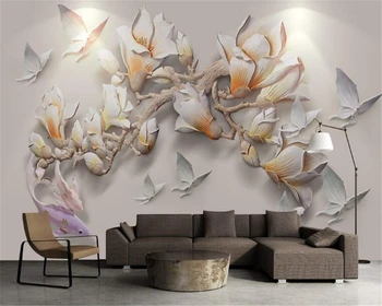 Beibehang la Modă eleganta alb magnolia fluture living 3D stereo relief fundal picturi murale tapet pentru pereți 3 d