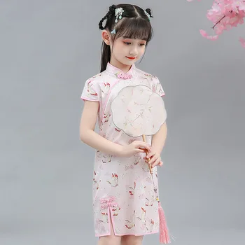 Fetiță Qipao Rochie Chinez Copii Cheongsam Roz/Verde Zăbrele Rochii De Printesa Rochie De Îmbrăcăminte