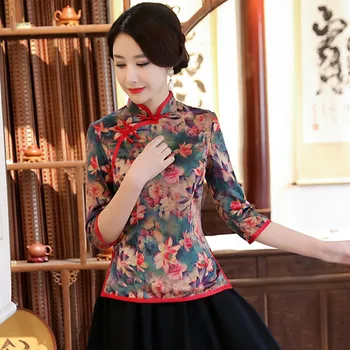 Vintage Femei Bluză de Mătase Chineză Tradițională Tricou Maneca Scurta Butonul de Îmbrăcăminte de Imprimare de Flori Qipao Mujer Camisa Plus Dimensiune 3xl