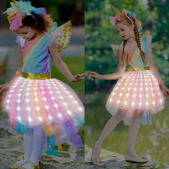 Fete Curcubeu Cosplay Unicorn LED-uri de Lumină de Până Rochie Pentru Fete Petrecerea de Ziua Chrismtas Costum Pentru Copii Petrecere de Carnaval Haine