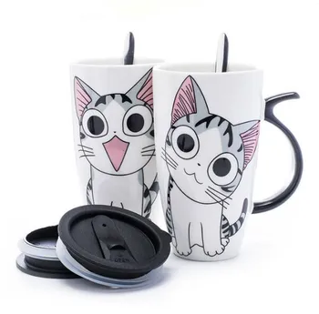 600ml de Creatie Pisica Cana Ceramica Cu Capac Si Lingura de Desene animate Cafea cu Lapte Ceai Ceașcă de Porțelan, Căni Cadouri Frumoase