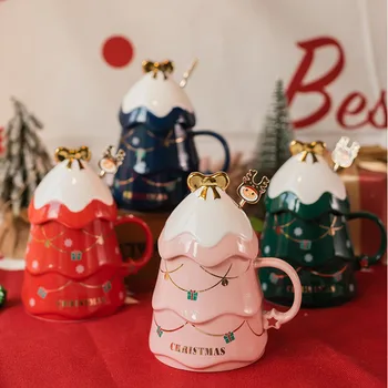 Pomul De Crăciun Cana Creative Cani Ceramica Capacitate Mare De Lapte Ceașcă De Cafea Cu Capac Lingura Copil Cadouri De Crăciun, Decorațiuni Interioare