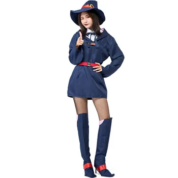Fată Școală Uniformă Anime Witche Cosplay Albastru cu Glugă Min Rochie Albă Fulare Punct de Top Hat Încălțăminte Centura 5pcs Set de Halloween Pentru