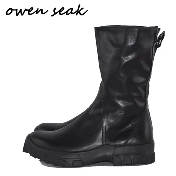 Owen Bolnav Barbati Pantofi Cizme Genunchi Ridicat De Vacă Din Piele De Lux Formatori De Iarnă Cizme Casual, Balerini Pantofi Negru Mare Adidași