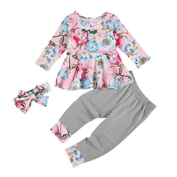 Fetita cu Maneci Lungi Florale tricou Rotund Gat Ciufulit Tiv Sus Pantaloni Lungi cu imprimeu Floral Frizură pentru Copii Haine de Toamna 1-6Y
