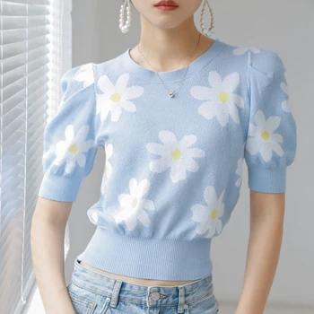2021 rochie de vara noi bubble sleeve daisy jacquific tricotaje T-shirt de sus fată de Bumbac, O-Neck Regular Print pentru FEMEI