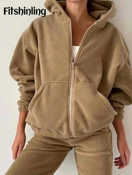Fitshinling Fermoar Body cu Gluga pentru Femei Haine de Acasă Timp Sleleve Sport Sleepwear Solid Casual Femei Sweatersuit 2 Bucati