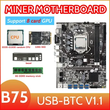 B75 Card de 8 BTC Mining Placa de baza Set+G530/G1630 CPU+8G DDR3 RAM+SSD 128G+Bezel 8XUSB3.0(PCIE1X) GPU LGA1155 DDR3 MSATA