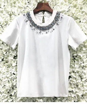 Moda de vara pentru Femei Diamante de Înaltă Calitate Mâneci Scurte tricou Alb C903