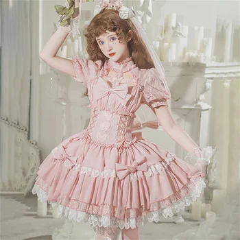 Stil Japonez Fete Dulci Cosplay Lolita Op Kawaii Drăguț Loli Tunica Arc Dantelă Ciufulit Panglică Puff Maneca Rochie De Printesa
