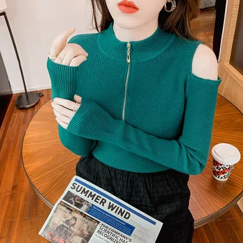 Off-The-Umăr Tricotate Femei Coreene Ediție Joker Guler Cu Fermoar Toamna Iarna Haine Cu Mâneci Lungi Pulover Verde În Afara Top
