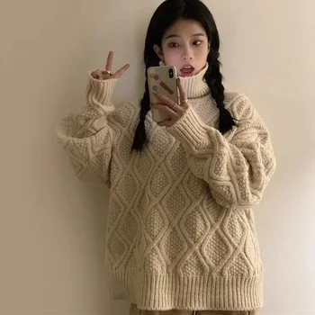 Toamna Și Iarna Moda Nouă Întorsătură cu Dungi Guler Pulover Femei coreene Liber Casual cu mâneci Lungi Tricotate Pulover de Sus