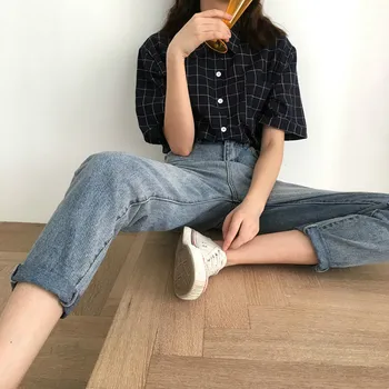Coreene Noi de Vara Maneca Scurta Bluza Tricouri Femei Casual Vintage de Turn-down Guler Carouri Cămașă Liber Harajuku Top Chic pentru Femme