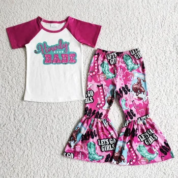 copilul fete costume de scrisori model cu maneci scurte roz clopot-fund pantaloni două piese de costume de toamna pentru copii seturi de îmbrăcăminte en-gros