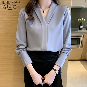 Noi Grey Bluza Femei cu Maneci Lungi Tricou V-neck Topuri Mujer 2022 Primăvară Satin Elegant Bluza Office Lady Tricou Vrac Haine 18510