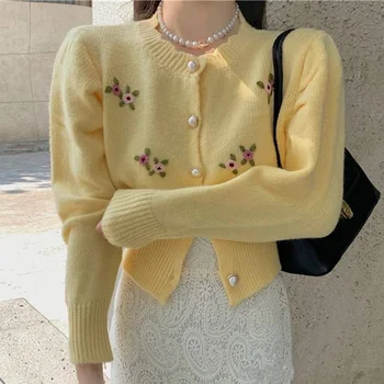 Vintage Florale Croșetat Cardigan De Cultură Crop Top Pentru Femei 2021 Toamna Drăguț Jachete De Moda Coreeană Gât O Perla Butoane Pulover Haina