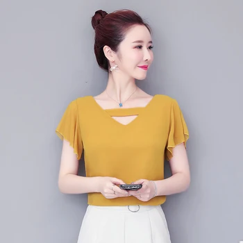 Femeile coreene Solidă Tricouri Doamnă Birou de Lucru Vara Maneca Scurta Șifon Bluza Femei Elegante, Topuri tricouri 