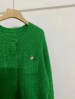 Femei Tricotate Cardigan Verde, O-Neck Singur Pieptul două Buzunare cu Strasuri Pulover Maneca Lunga