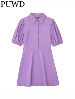 PUWD Femei Violet Faux din Piele Polo Neck Dress 2022 Toamna Fete de Moda Casual Fete Maneci Scurte Rochie
