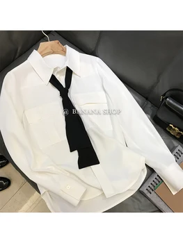 2022 Toamna Stil Preppy Liber Moale Tricou Femei Rever Cravată de Culoare Alb Bluze Neregulate Doamna-bluza Singur Pieptul Design