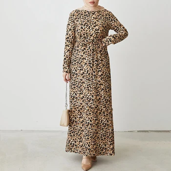 Moda Musulmană Abayas Pentru Femei 2022 Dubai O De Guler Maneca Lunga Femme Halat De Leopard Imprimate Musulman Rochie Maxi De Zi Cu Zi Noi