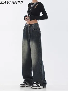 Femei Epocă Talie Inalta Blugi Harajuku Gri Închis Streetwear Moda Retro Liber Largi Picior Drept Pantaloni Denim Pantaloni Y2K