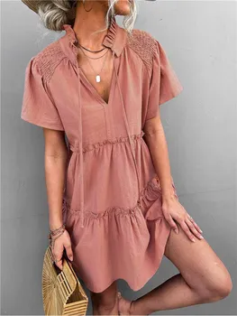 Femei De Moda De Vară De Culoare Solidă Rochie A-Line Contracție Design Bandaj Decor V-Neck Maneca Scurta Cu Talie Înaltă, Subțire Rochie Mini