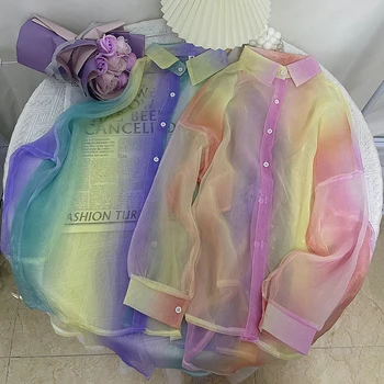 Rimocy Gradient Culorile Curcubeului Tricou Femei 2022 de Vară în aer liber de Soare-dovada Tricouri Femeie Streetwear Translucid Bluza cu Maneci Lungi
